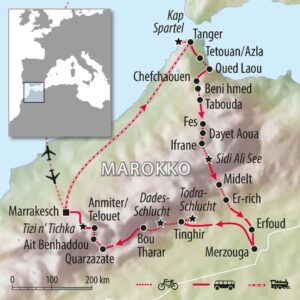 Fahrradkarte Marokko Afrika - mit dem Fahrrad - Tanger Marrakesch Dades Schlucht