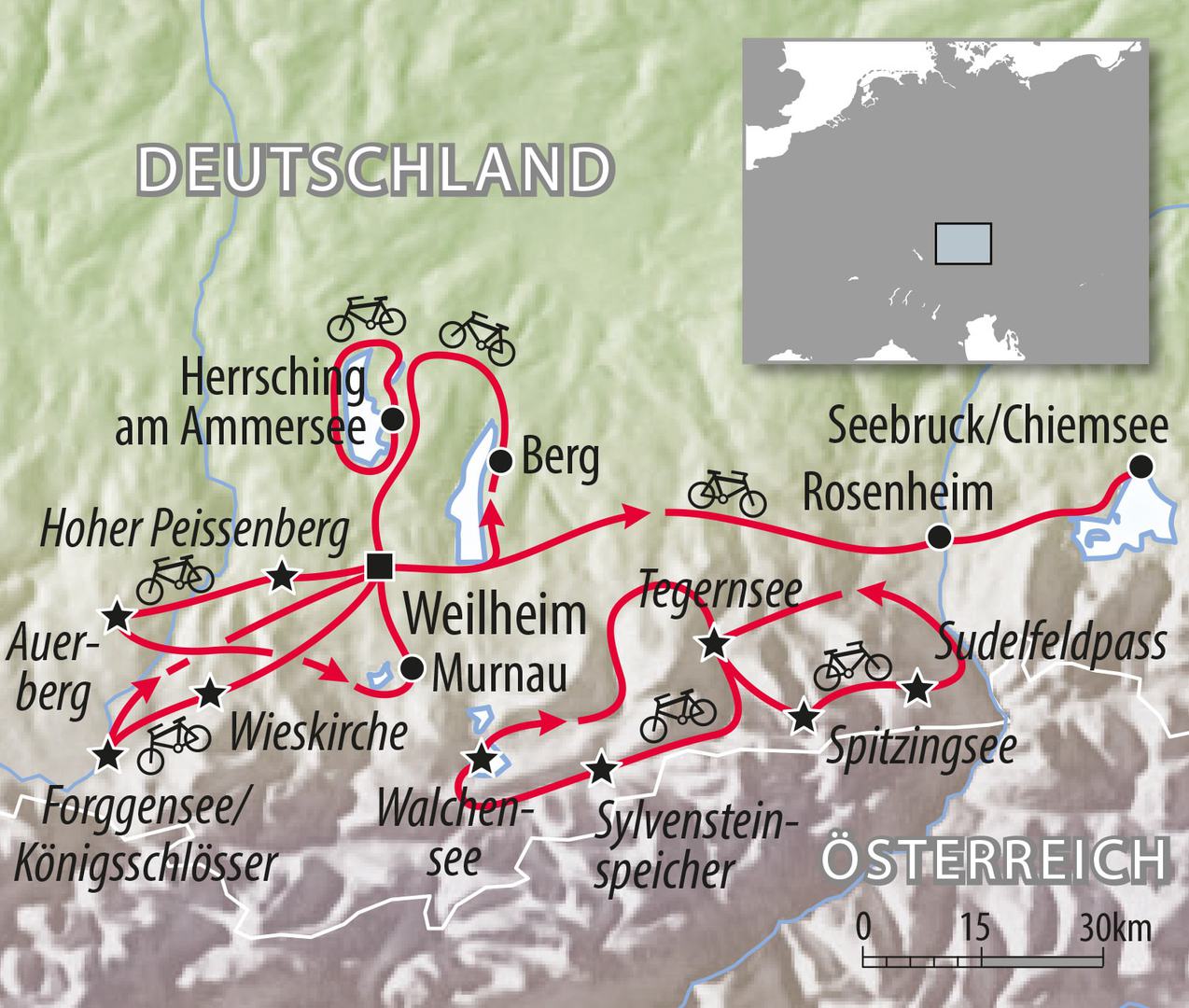 launer_deutschland_bayern_1 Rennradreise Deutschland Bayern Alpenrand, stilisierte Karte mit den einzelnen Etappen der Launer-Radreise bayerischer Alpenrand